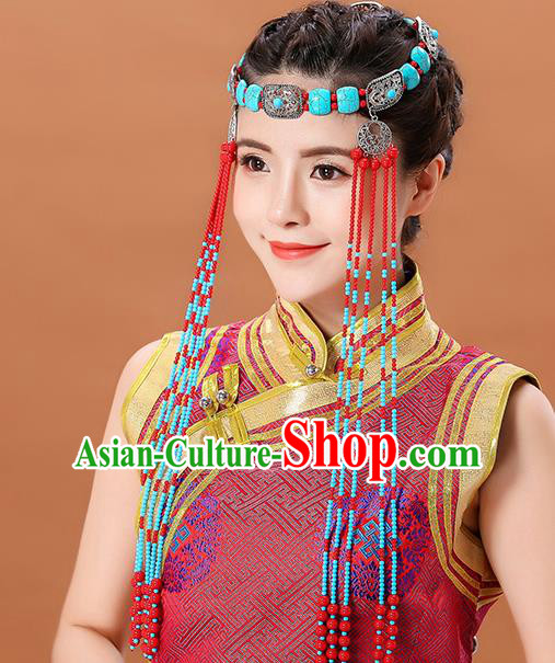 Traditional Chinese Mongol Minority Women Beads Long Tassel Headband Mongolian Hair Accessories Ethnic Dance Hair Clasp