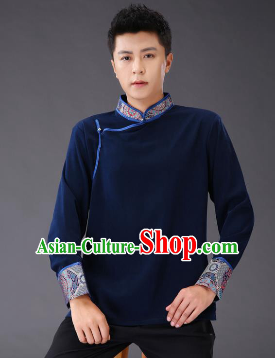 Chinese Traditional Mongol Minority Costume Ethnic Men Shirt Garment Mongolian Navy Jacket