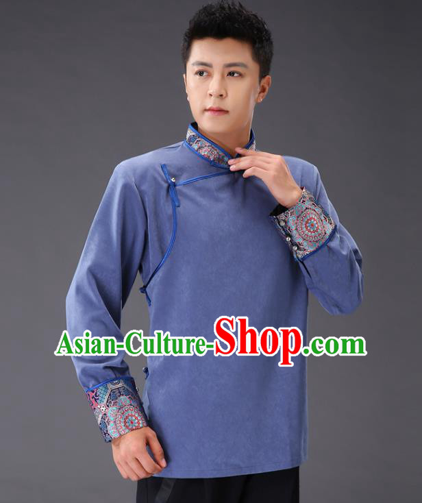 Chinese Traditional Mongol Minority Costume Ethnic Men Shirt Garment Mongolian Blue Jacket