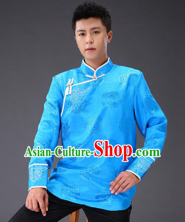 Chinese Traditional Mongol Minority Costume Ethnic Men Shirt Garment Mongolian Light Blue Jacket