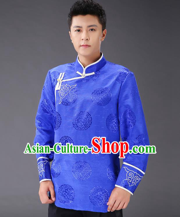 Chinese Traditional Mongol Minority Costume Ethnic Men Shirt Garment Mongolian Royalblue Jacket