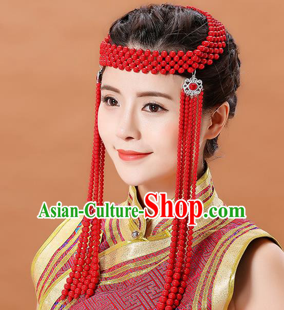 Traditional Chinese Mongol Minority Red Beads Long Tassel Headband Mongolian Hair Accessories Ethnic Dance Hair Clasp for Women