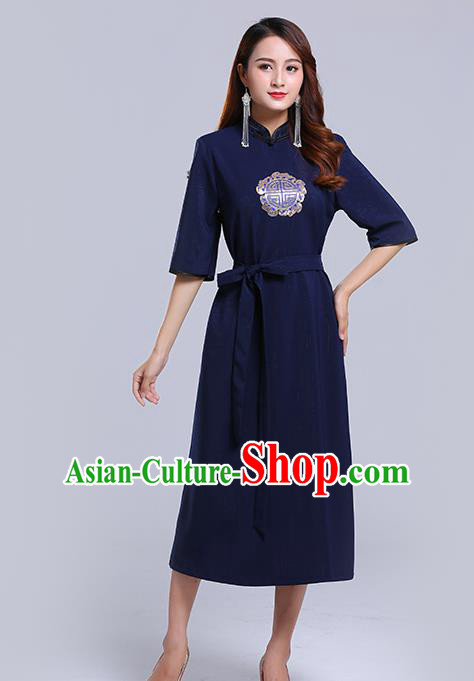 Traditional Chinese Ethnic Women Navy Informal Dress Mongol Minority Garment Mongolian Nationality Apparels Costume