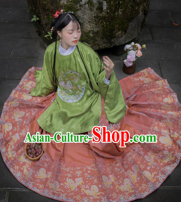 Chinese Traditional Ancient Princess Garment Hanfu Costumes Ming Dynasty Embroidered Green Blouse and Pink Skirt Full Set