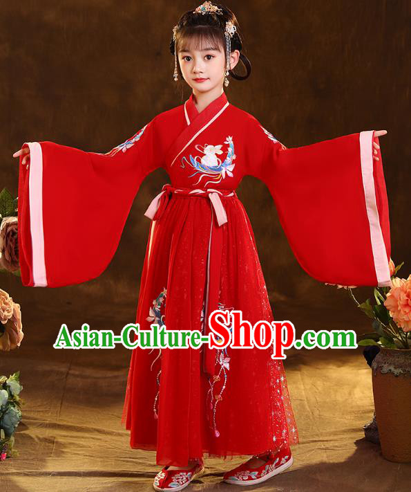 Chinese Traditional Hanfu Red Blouse and Skirt Ancient Jin Dynasty Girl Costumes Apparels for Kids