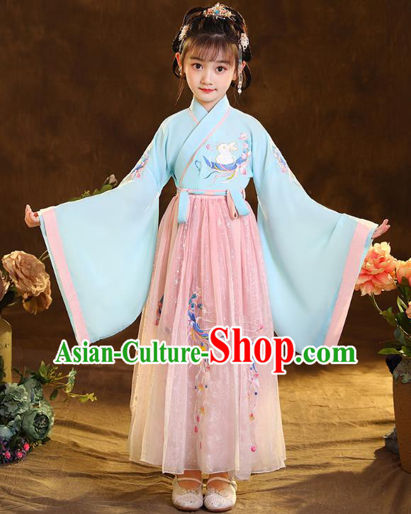 Chinese Traditional Hanfu Blue Blouse and Pink Skirt Ancient Jin Dynasty Girl Costumes Apparels for Kids