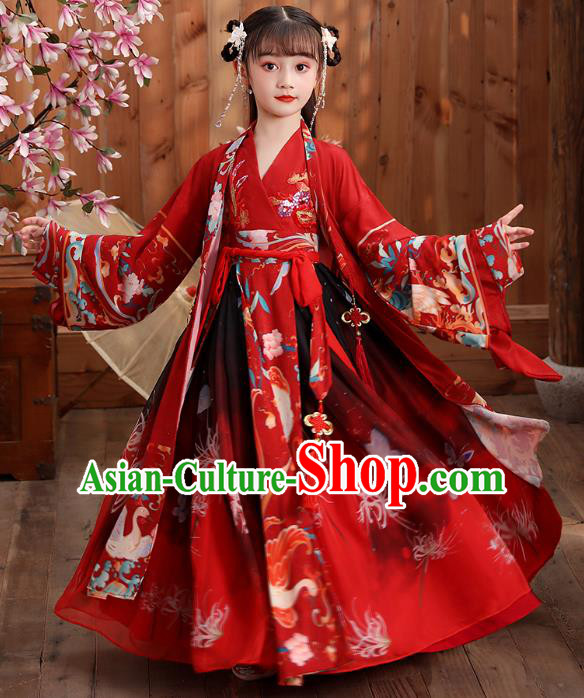 Chinese Traditional Royal Princess Hanfu Red Blouse and Skirt Ancient Han Dynasty Girl Costumes Apparels for Kids