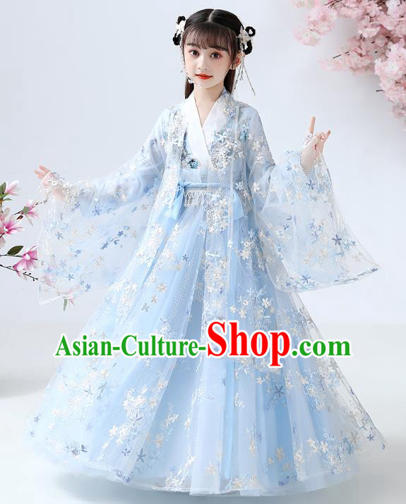 Chinese Traditional Royal Princess Blue Hanfu Dress Ancient Han Dynasty Girl Costumes Cloak Blouse and Skirt Apparels for Kids