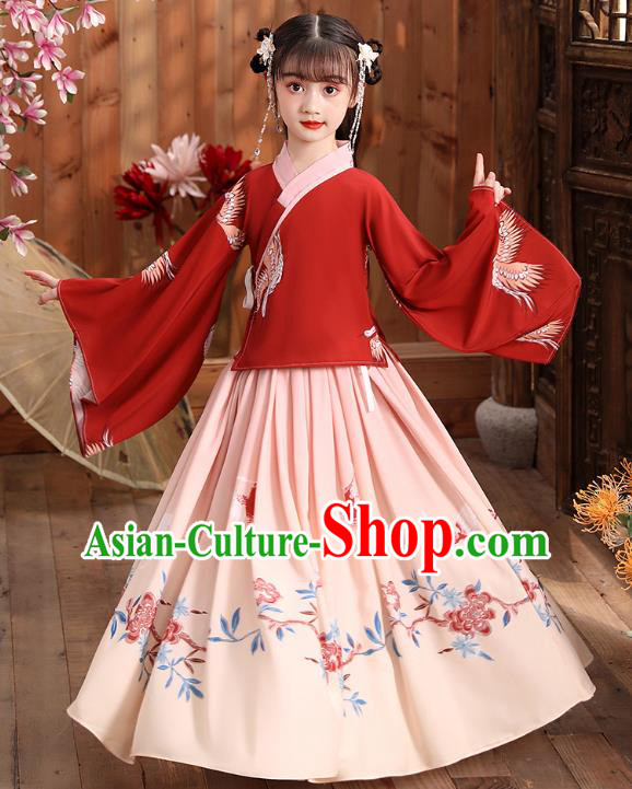 Chinese Traditional Hanfu Dress Ancient Ming Dynasty Girl Costumes Red Blouse and Skirt Apparels for Kids