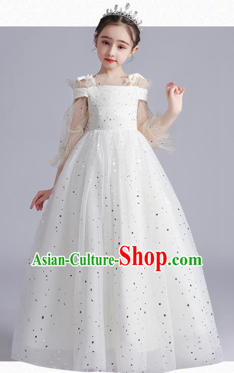 Top Grade Girls Stage Show White Dress Children Birthday Costume Baby Compere Full Dress