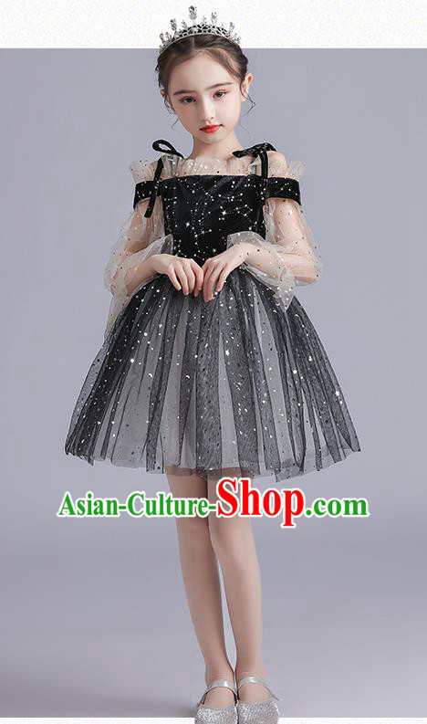 Top Grade Girls Stage Show Black Dress Children Birthday Costume Baby Compere Off Shoulder Short Full Dress