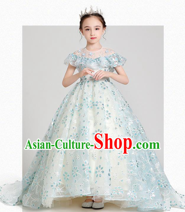 Top Grade Girls Stage Show Blue Dress Children Birthday Costume Baby Princess Trailing Full Dress