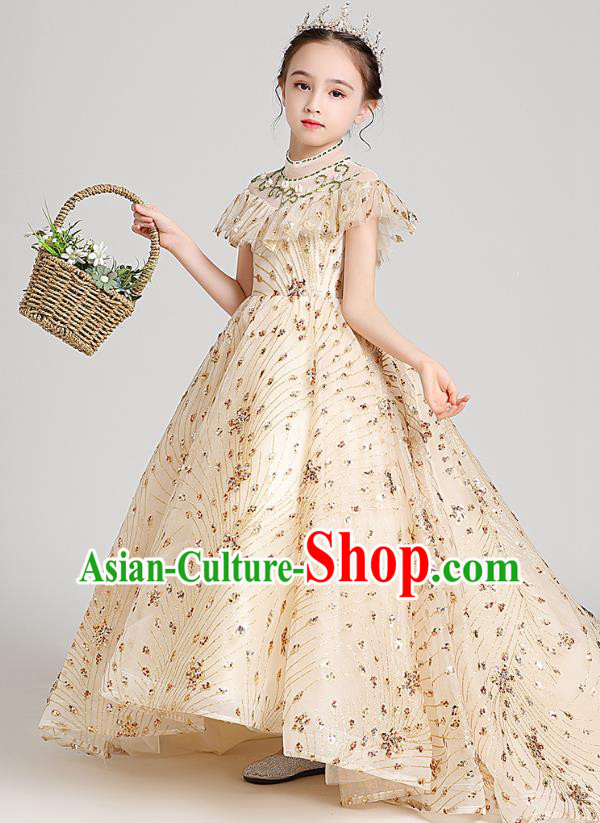 Top Grade Girls Stage Show Apricot Dress Children Birthday Costume Baby Princess Compere Trailing Full Dress