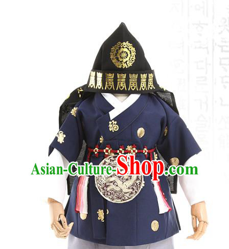 Asian Korea Traditional Embroidered Navy Shirt and Pants Children Birthday Fashion Korean Apparels Boys Hanbok Costumes for Kids