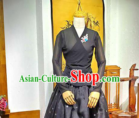 Korean Traditional Dance Black Veil Blouse and Skirt Korea Fashion National Dance Costumes Hanbok Apparels