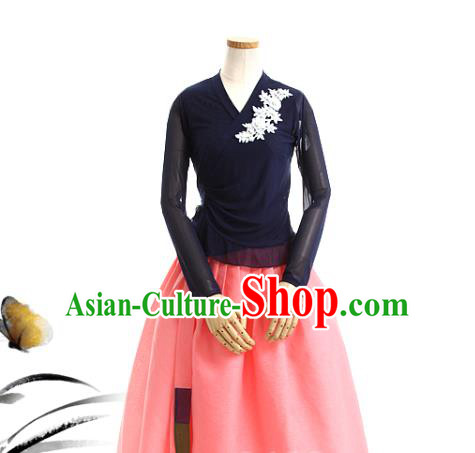 Korean Traditional Navy Veil Blouse and Pink Skirt Korea Fashion National Dance Costumes Hanbok Apparels