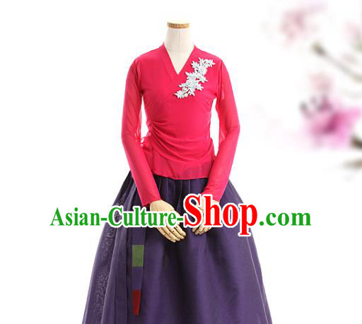 Korean Woman Traditional Rosy Veil Blouse and Purple Skirt Korea Dance Fashion National Costumes Hanbok Apparels