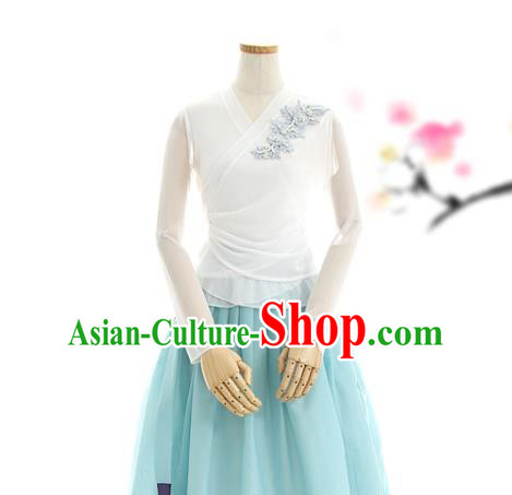 Korean Woman Traditional White Veil Blouse and Light Blue Skirt Korea Dance Fashion National Costumes Hanbok Apparels