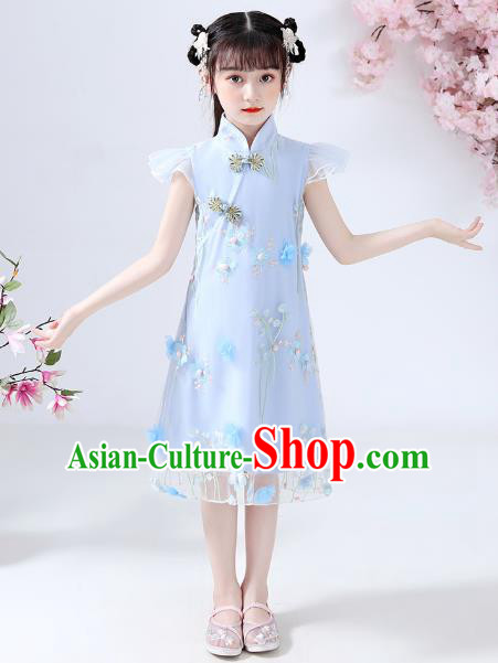 Chinese Traditional Tang Suit Blue Qipao Dress Ancient Girl Costumes Stage Show Cheongsam Apparels for Kids