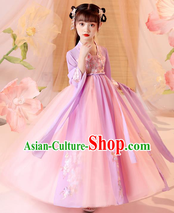 Chinese Traditional Tang Suit Lilac Hanfu Dress Ancient Song Dynasty Girl Costumes Stage Show Apparels for Kids