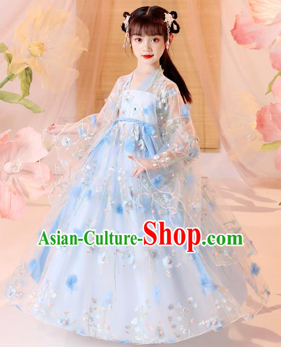 Chinese Traditional Blue Hanfu Dress Ancient Song Dynasty Girl Costumes Stage Show Apparels for Kids