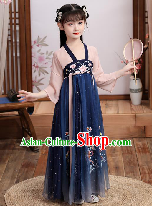 Chinese Traditional Hanfu Dress Ancient Girl Costumes Stage Show Apparels Blouse and Navy Skirt for Kids