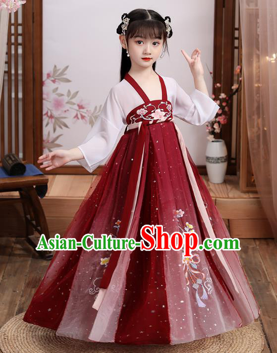 Chinese Traditional Tang Dynasty Hanfu Dress Ancient Girl Costumes Stage Show Apparels Blouse and Red Skirt for Kids