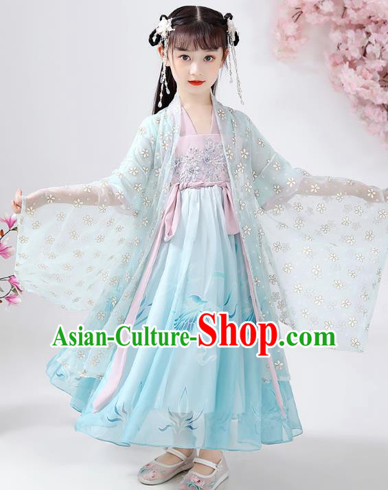 Chinese Traditional Song Dynasty Hanfu Dress Ancient Girl Costumes Stage Show Apparels Blue Cloak Blouse and Skirt for Kids