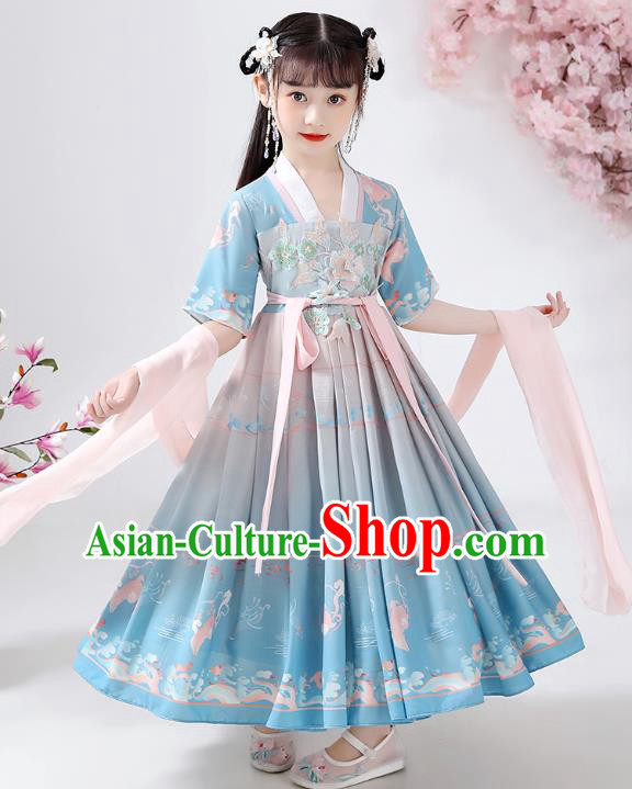 Chinese Traditional Song Dynasty Embroidered Hanfu Dress Ancient Girl Costumes Stage Show Apparels Blue Cloak Blouse and Skirt for Kids