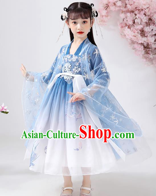 Chinese Traditional Ming Dynasty Embroidered Hanfu Dress Ancient Girl Costumes Stage Show Apparels Blue Cloak Blouse and Slip Dress for Kids