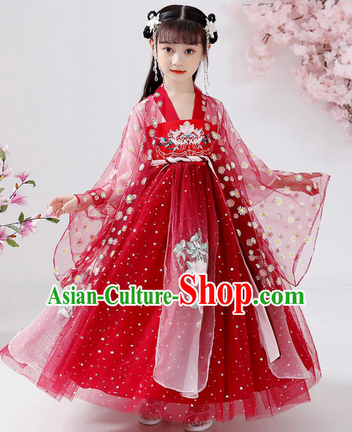 Chinese Traditional Tang Dynasty Hanfu Dress Ancient Girl Costumes Stage Show Apparels Red Cape Blouse and Slip Dress for Kids