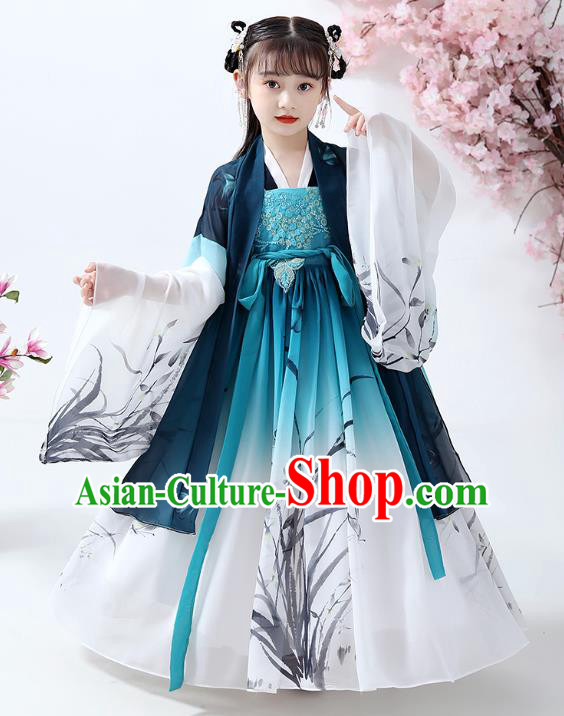 Chinese Traditional Song Dynasty Hanfu Dress Ancient Girl Costumes Stage Show Apparels Navy Cape Blouse and Ink Painting Orchid Dress for Kids