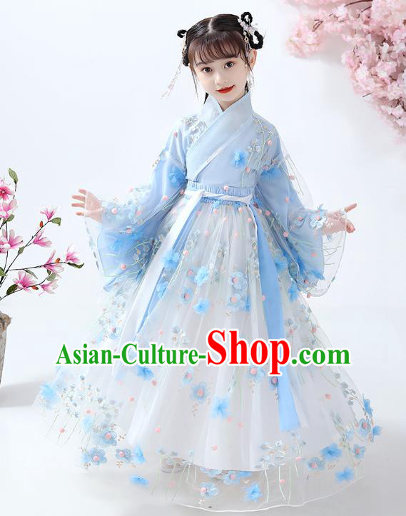 Chinese Traditional Ming Dynasty Hanfu Dress Ancient Girl Costumes Stage Show Apparels Blue Blouse and Flowers Skirt for Kids