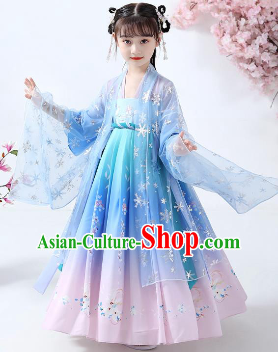 Chinese Traditional Song Dynasty Girl Hanfu Dress Ancient Children Costumes Stage Show Apparels Blue Cape Blouse and Skirt for Kids