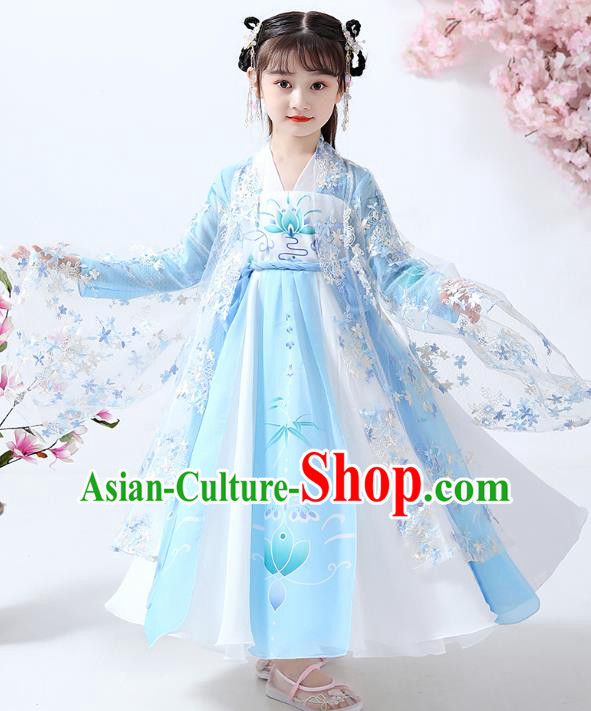 Chinese Traditional Tang Dynasty Girl Blue Hanfu Dress Ancient Princess Costumes Stage Show Apparels Flowers Cape Blouse and Skirt for Kids