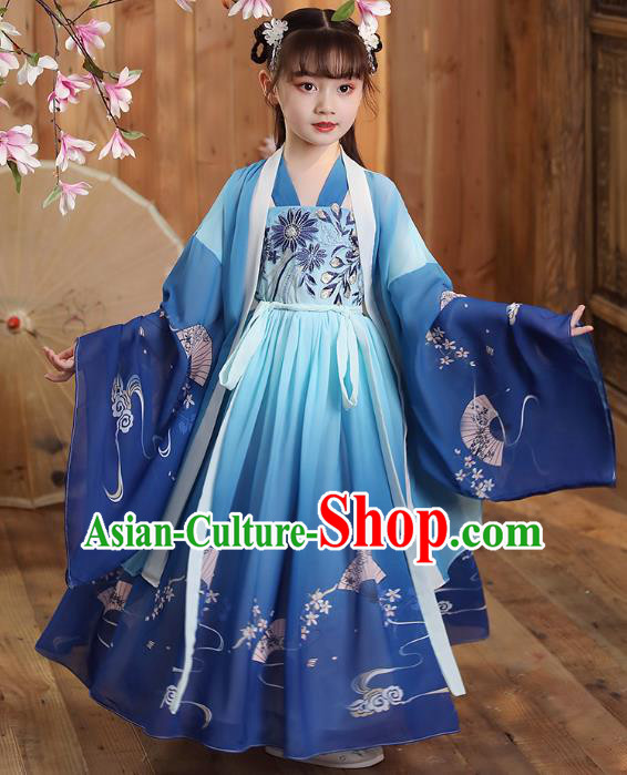 Chinese Traditional Deep Blue Hanfu Dress Apparels Ancient Princess Costumes Stage Show Girl Cape Blouse and Skirt for Kids