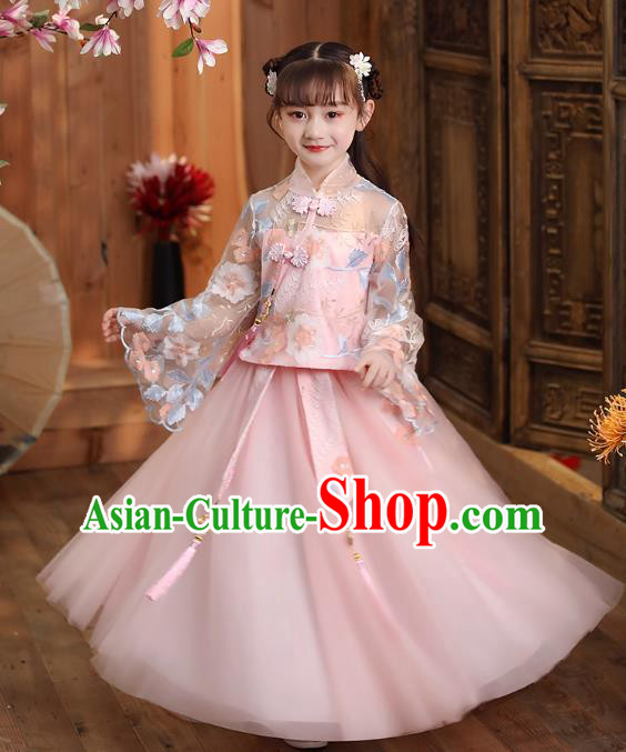 Chinese Traditional Tang Suit Pink Qipao Blouse and Skirt Apparels Ancient Girl Costumes Stage Show Cheongsam Dress for Kids