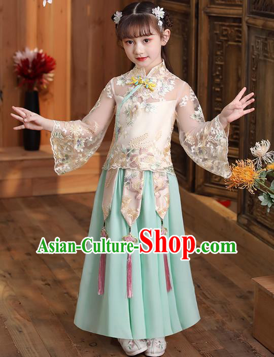 Chinese Traditional Tang Suit Qipao Blouse and Light Green Skirt Apparels Ancient Girl Costumes Stage Show Cheongsam Dress for Kids