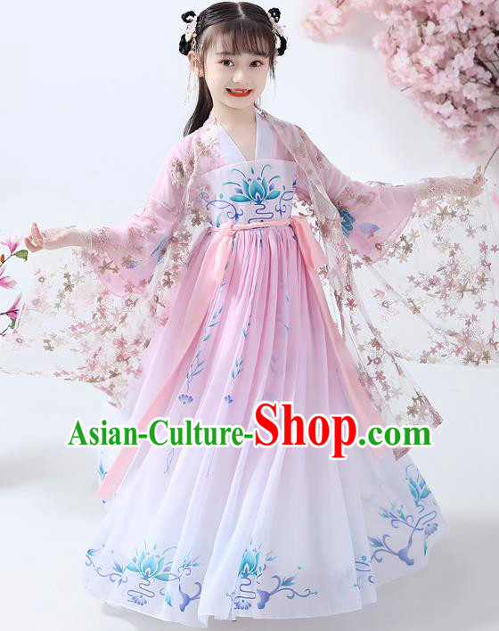 Chinese Traditional Tang Dynasty Girl Pink Hanfu Dress Ancient Princess Costumes Stage Show Apparels Flowers Cape Blouse and Skirt for Kids