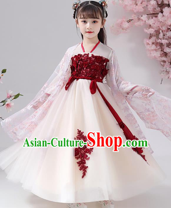 Chinese Traditional Chiffon Hanfu Dress Apparels Ancient Princess Costumes Stage Show Girl Pink Cape Blouse and Beige Skirt for Kids