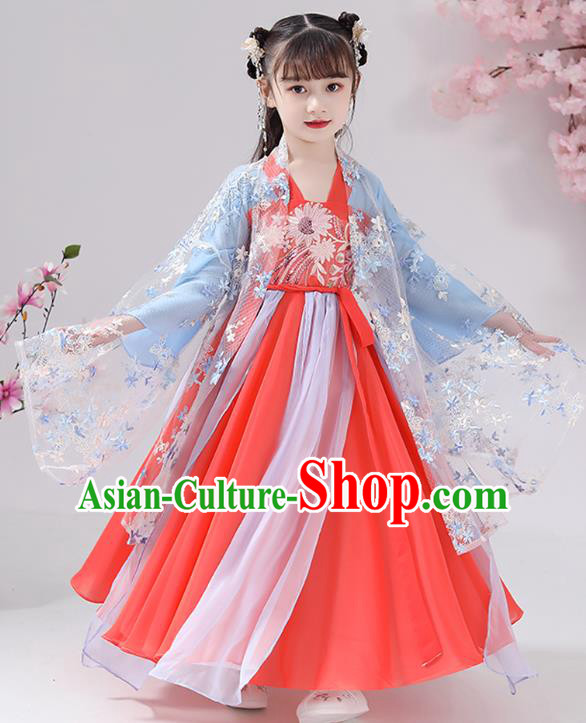 Chinese Traditional Hanfu Dress Apparels Ancient Princess Costumes Stage Show Girl Blue Cape Blouse and Watermelon Red Skirt for Kids