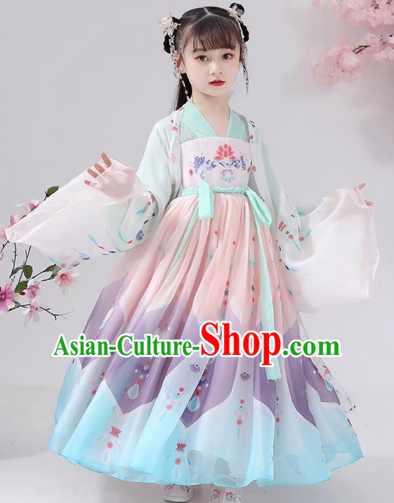 Chinese Traditional Printing Chiffon Hanfu Dress Apparels Ancient Princess Costumes Stage Show Girl Cape Blouse and Skirt for Kids