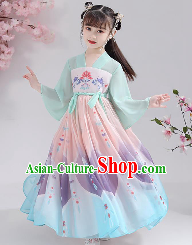 Chinese Traditional Printing Chiffon Hanfu Dress Apparels Ancient Princess Costumes Stage Show Girl Cape Blouse and Skirt for Kids