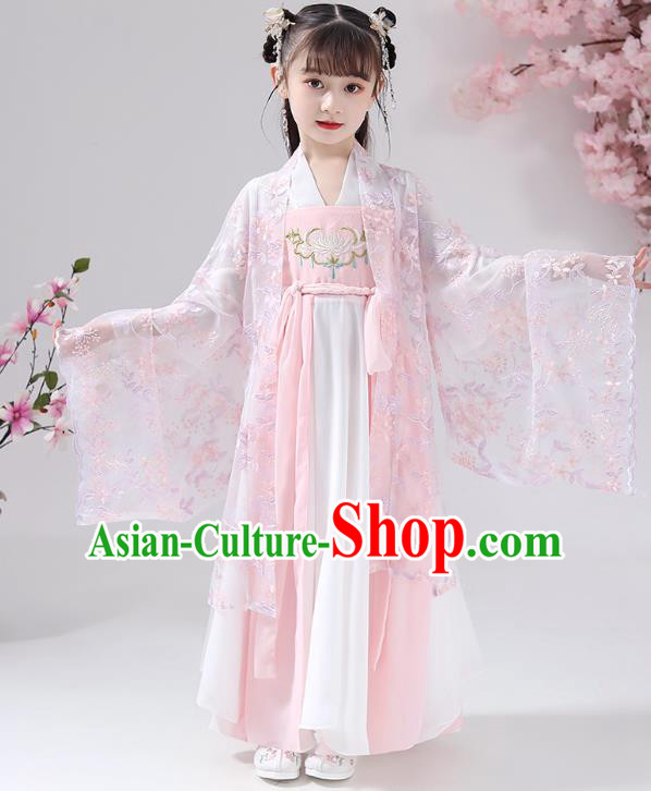 Chinese Traditional Girl Princess Hanfu Dress Apparels Ancient Costumes Stage Show Pink Cape Blouse and Skirt for Kids