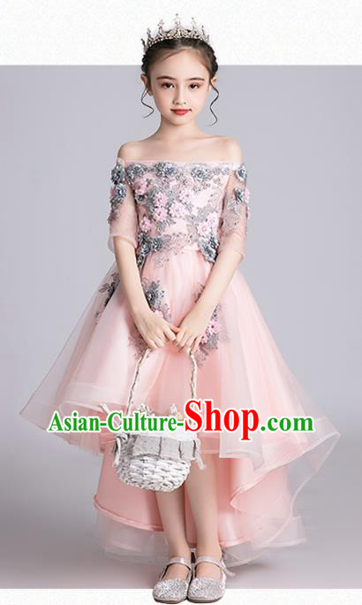 Top Grade Stage Show Baby Princess Pink Dress Children Girls Birthday Costume Compere Flat Shoulder Full Dress