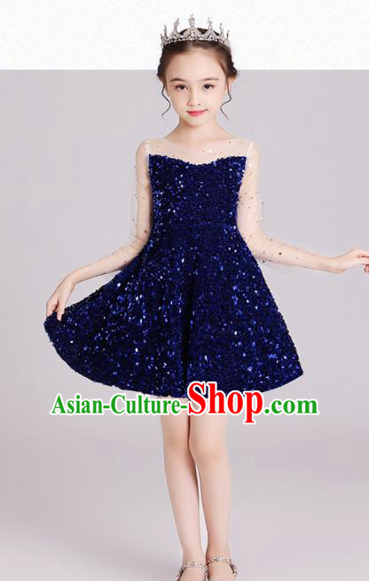 Top Grade Stage Show Royalblue Short Dress Children Girls Birthday Costume Compere Full Dress