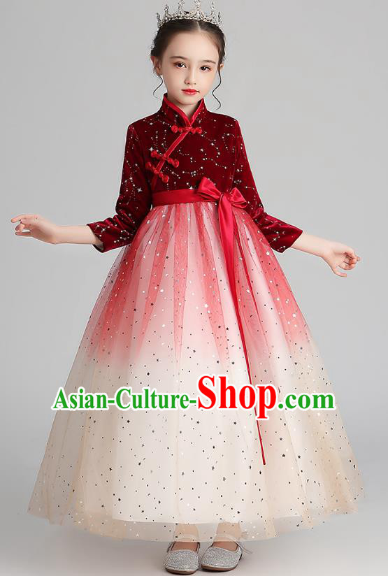 Chinese Traditional Tang Suit Red Velvet Qipao Dress Apparels Ancient Girl Costumes Stage Show Veil Cheongsam for Kids