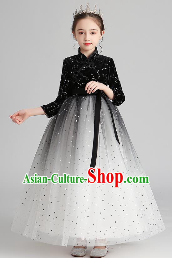 Chinese Traditional Tang Suit Black Velvet Qipao Dress Apparels Ancient Girl Costumes Stage Show Veil Cheongsam for Kids