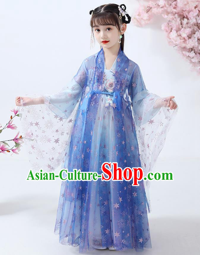 Chinese Traditional Flowers Fairy Hanfu Dress Ancient Princess Costumes Stage Show Apparels Girl Blue Cape Blouse and Skirt for Kids