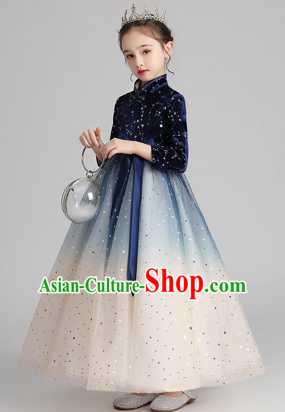 Chinese Traditional Tang Suit Deep Blue Velvet Qipao Dress Apparels Ancient Girl Costumes Stage Show Veil Cheongsam for Kids